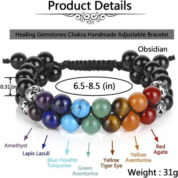 7 Black Agate Crystals Yoga Stone Bead Chakra Relax Bracelet for Womens Mens - Picture 7 of 7